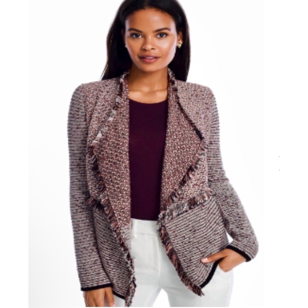 White House Black Market Boho Tweed Waterfall Jacket Womens‎ XS Black Fringe